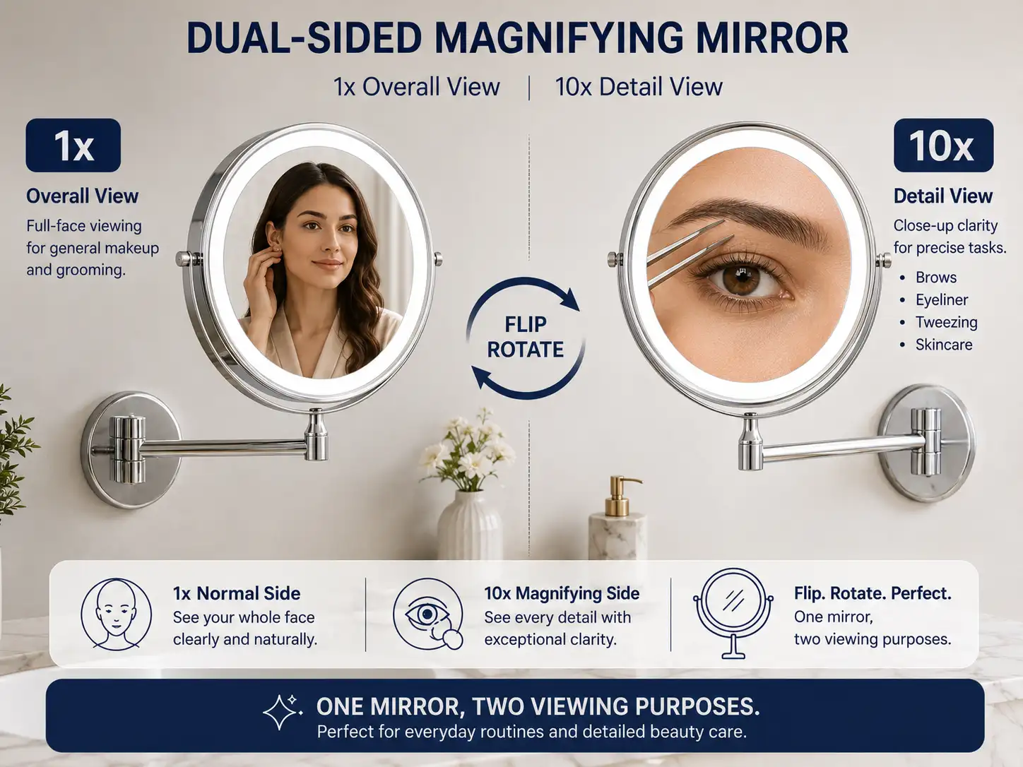 1x and 10x Dual-Sided Magnifying Mirror Dual-sided 1x and 10x magnifying mirror for overall view and detailed makeup