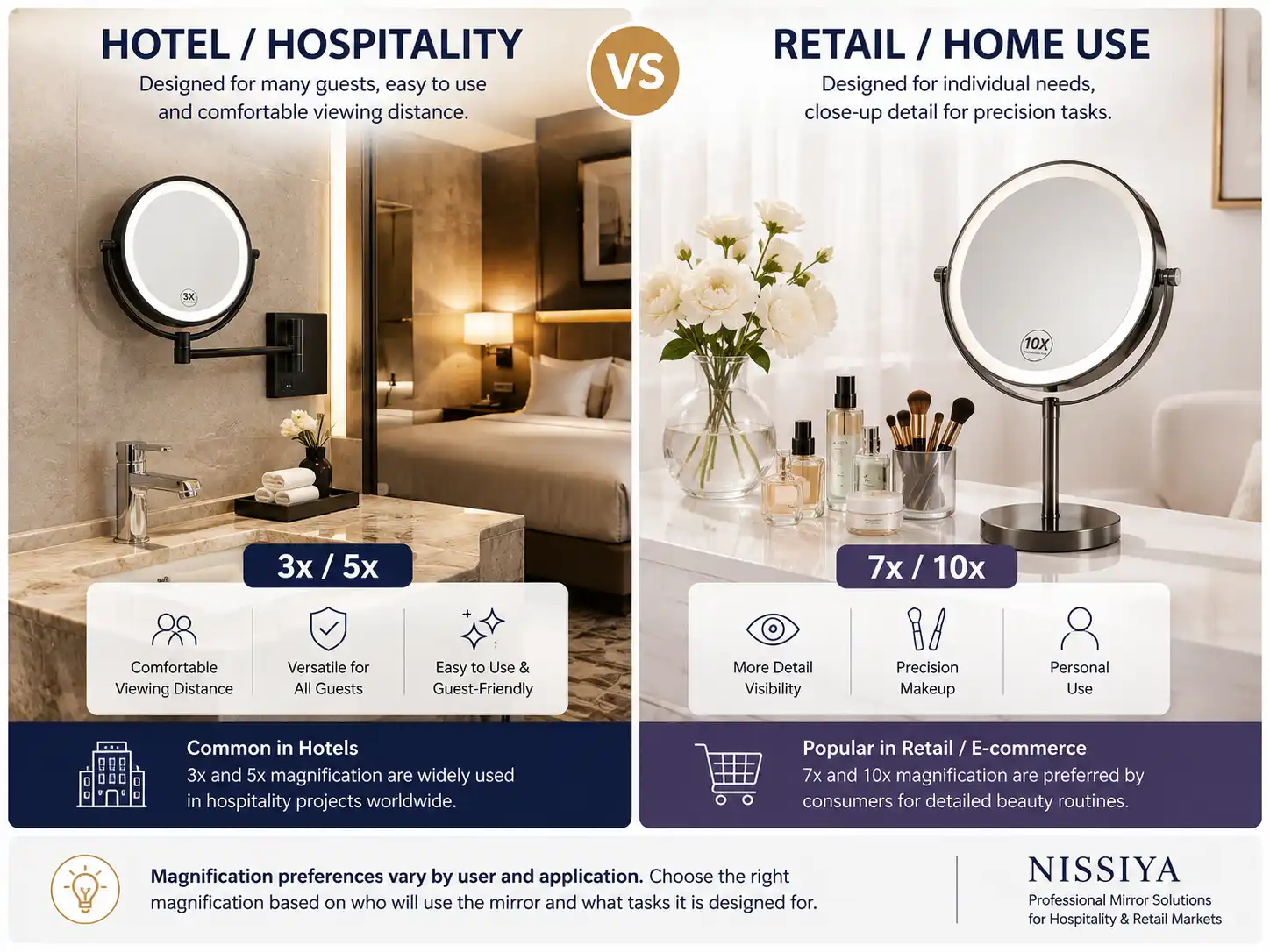 Hotel vs Retail Magnifying Mirror Magnification Hotel vs retail magnifying mirror magnification comparison for 3x 5x 7x and 10x