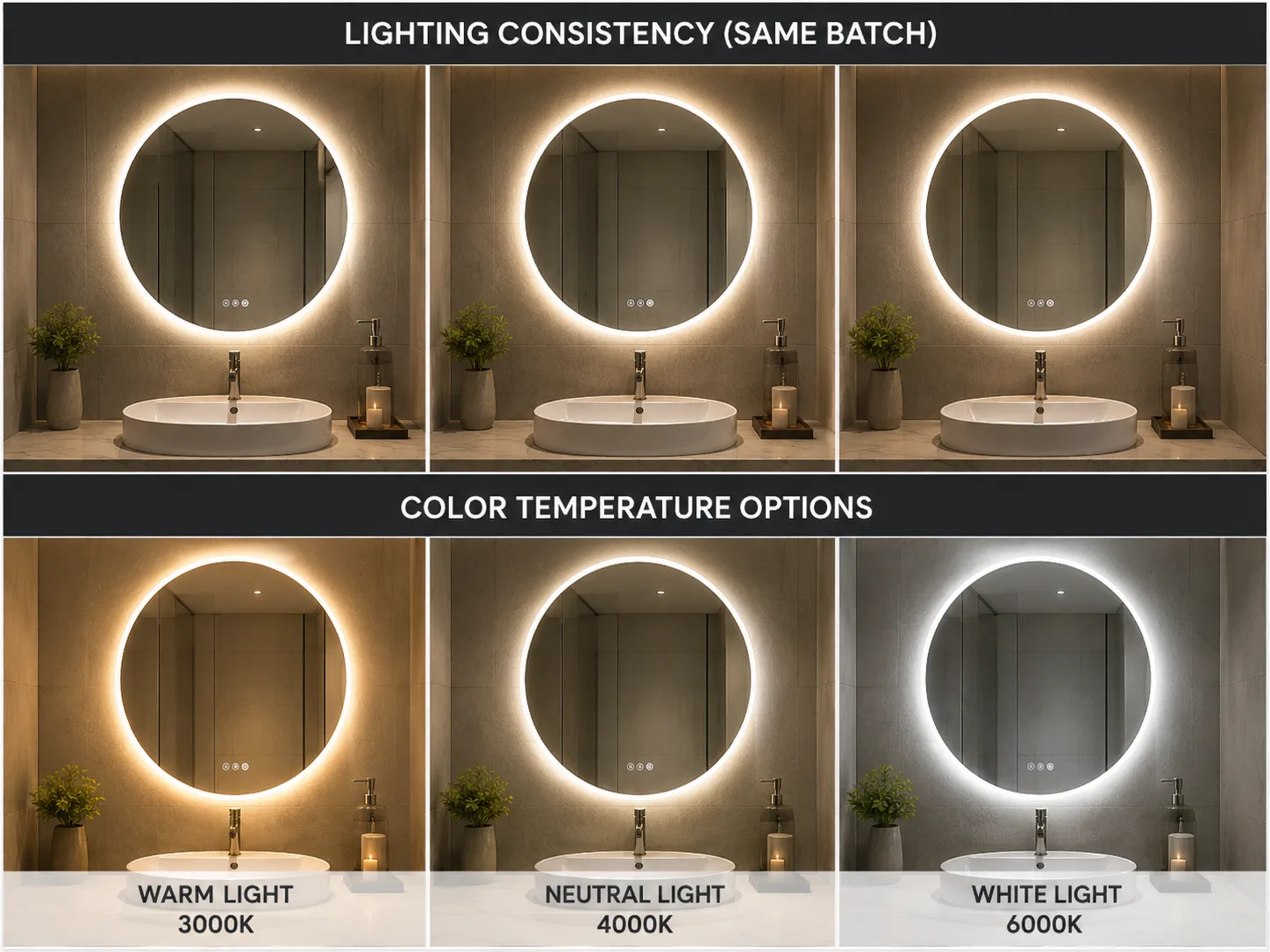 LED bathroom mirror lighting consistency with warm neutral and white light options