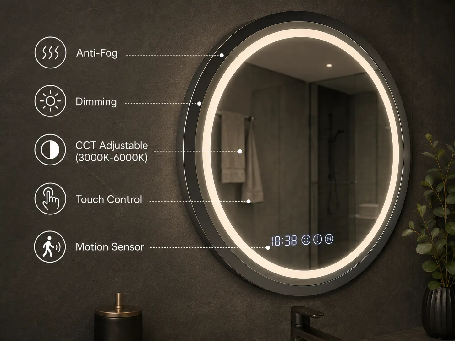 Smart bathroom mirror with anti-fog dimming adjustable lighting touch control and motion sensor