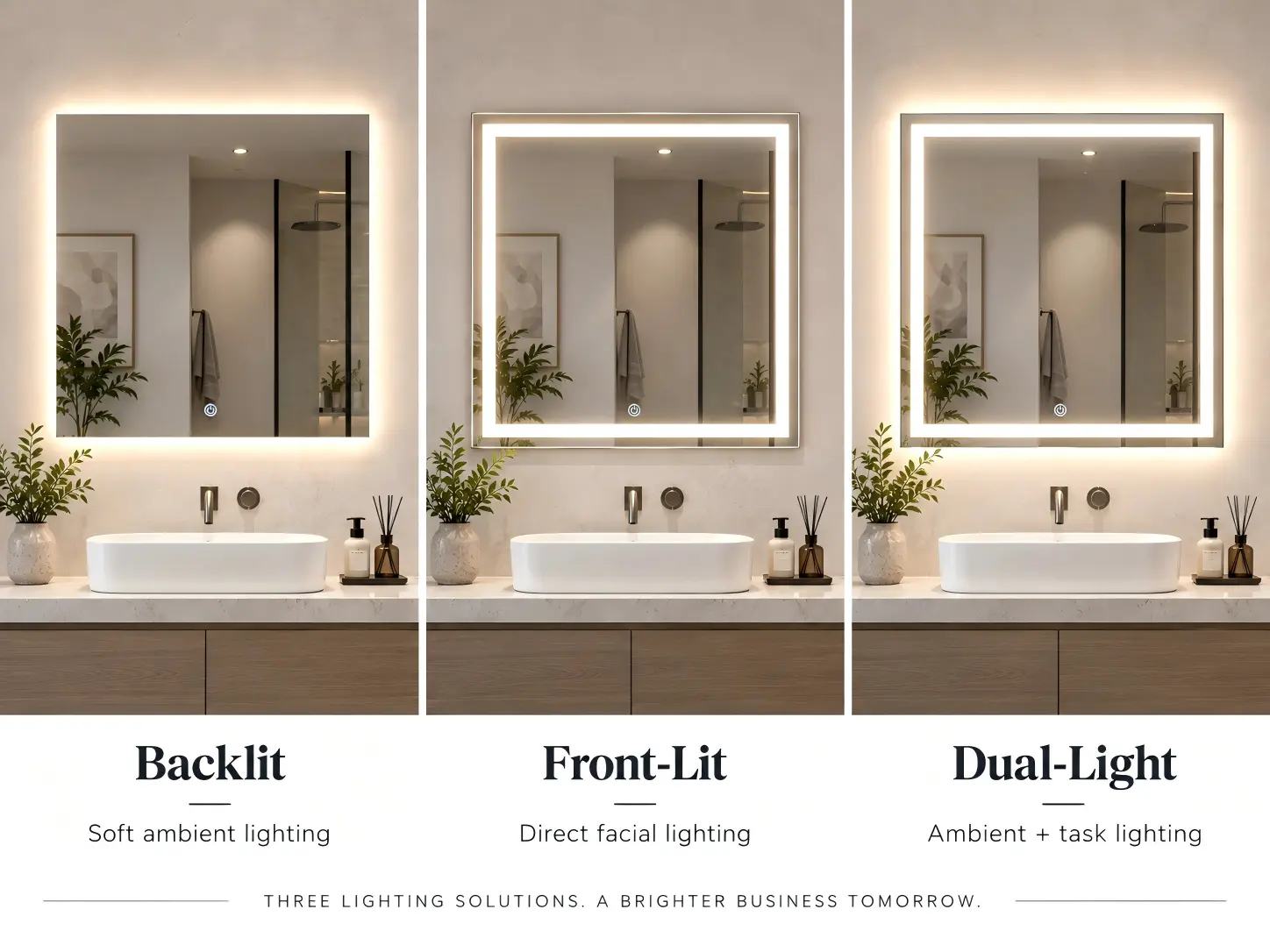 Backlit vs Front-Lit vs Dual-Light Bathroom Mirrors Backlit, front-lit and dual-light bathroom mirrors compared for wholesale buyers and distributors