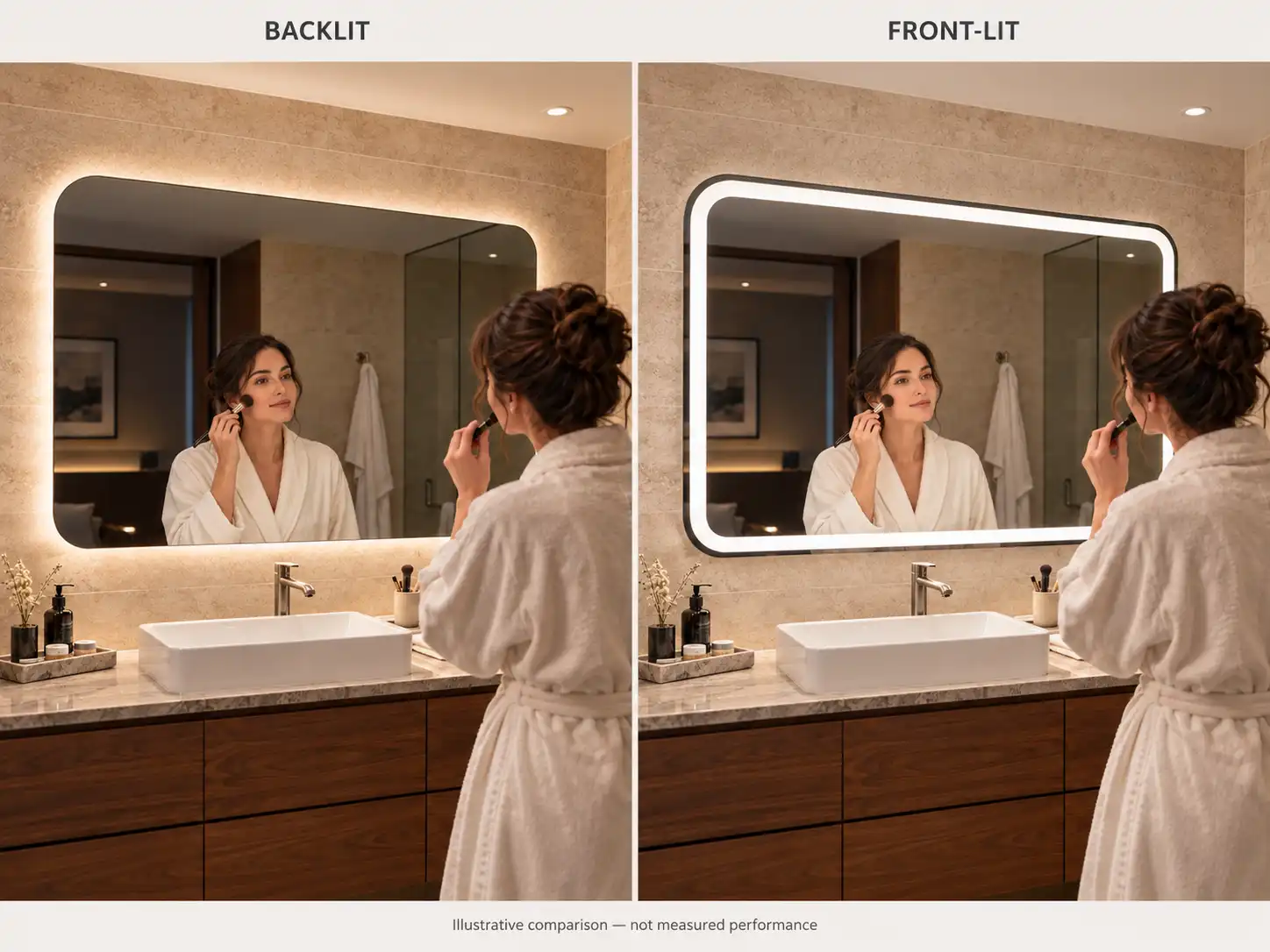 Side-by-side comparison of backlit and front-lit bathroom mirrors with a woman applying makeup