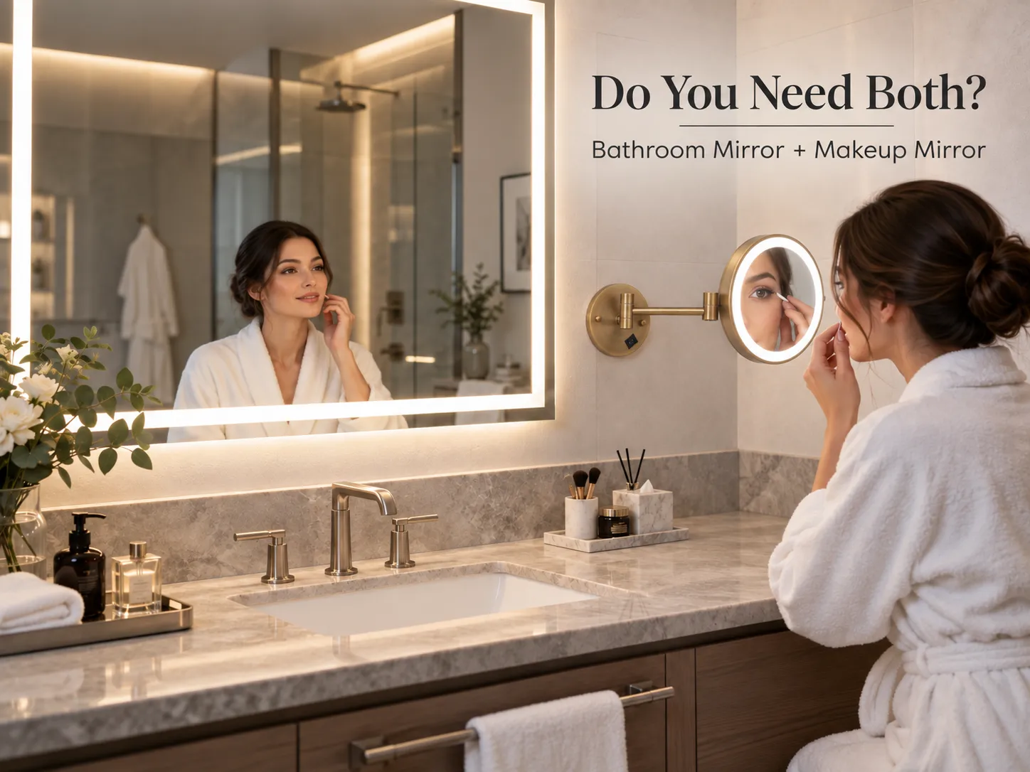 Bathroom mirror with wall mounted lighted makeup mirror in a hotel bathroom