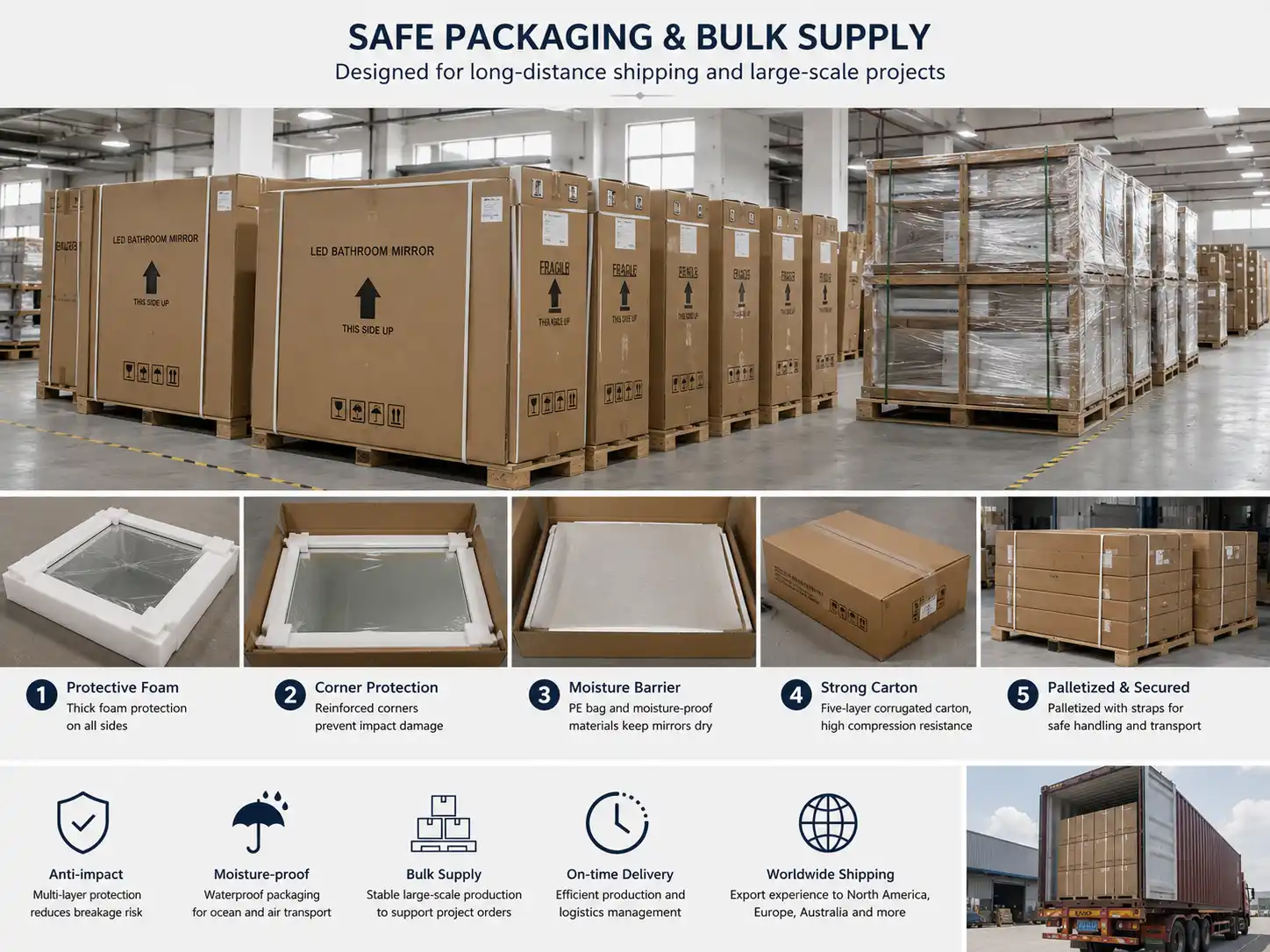 Bathroom Mirror Packaging and Bulk Supply Bathroom mirror packaging and bulk supply for commercial project orders
