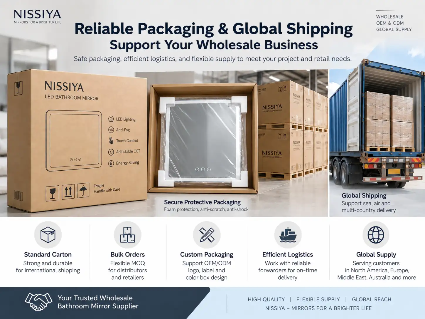 Bathroom Mirror Packaging and Global Shipping Protective bathroom mirror packaging and global shipping for wholesale buyers and distributors