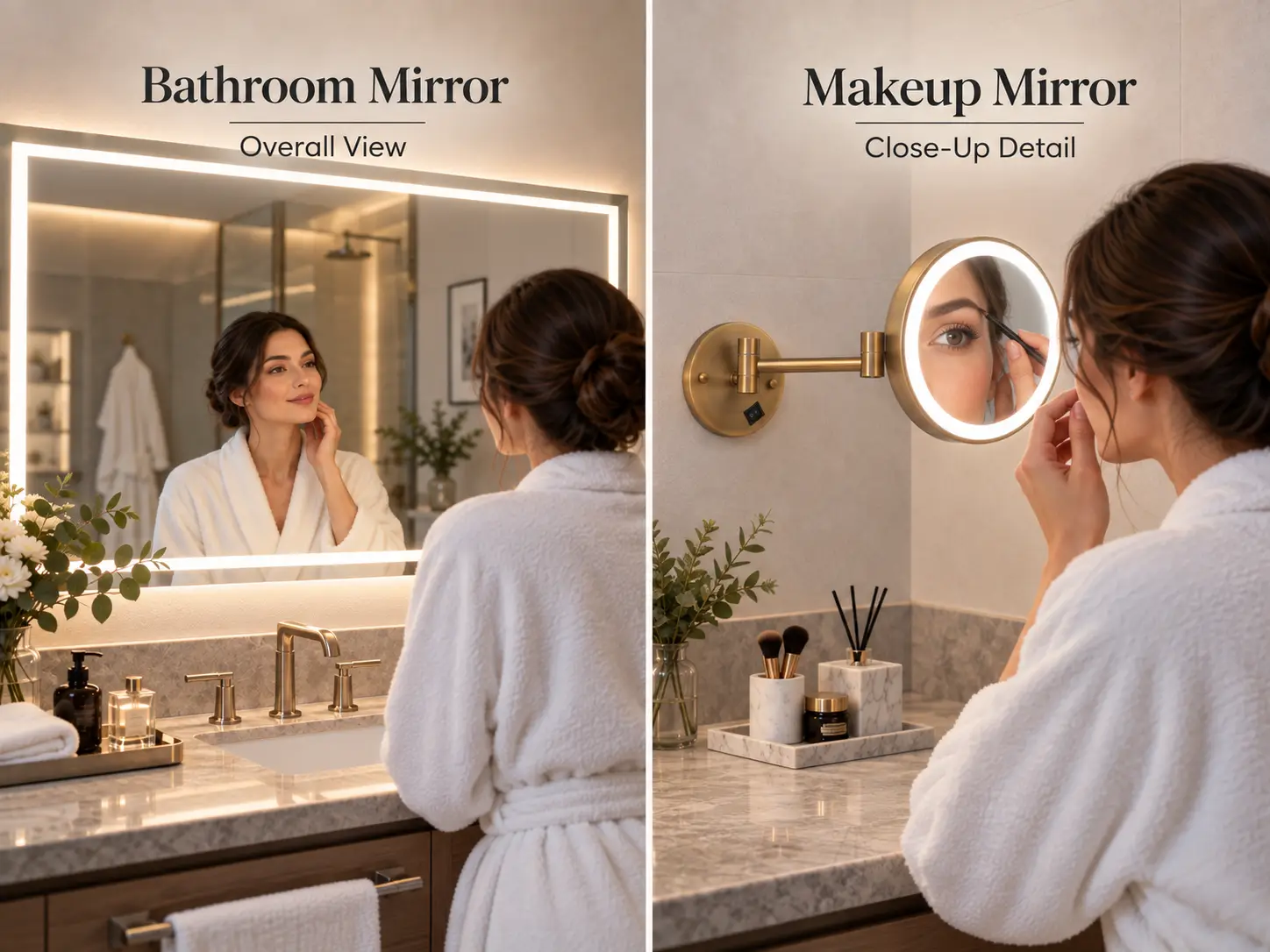 Bathroom mirror vs makeup mirror showing overall view and close-up detail