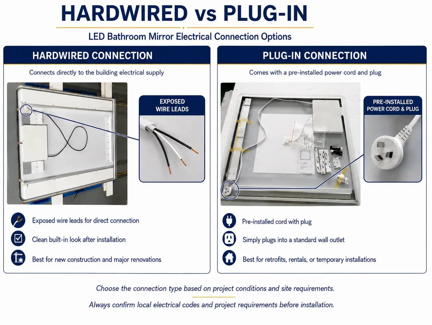 Hardwired vs plug-in LED bathroom mirror electrical connection options