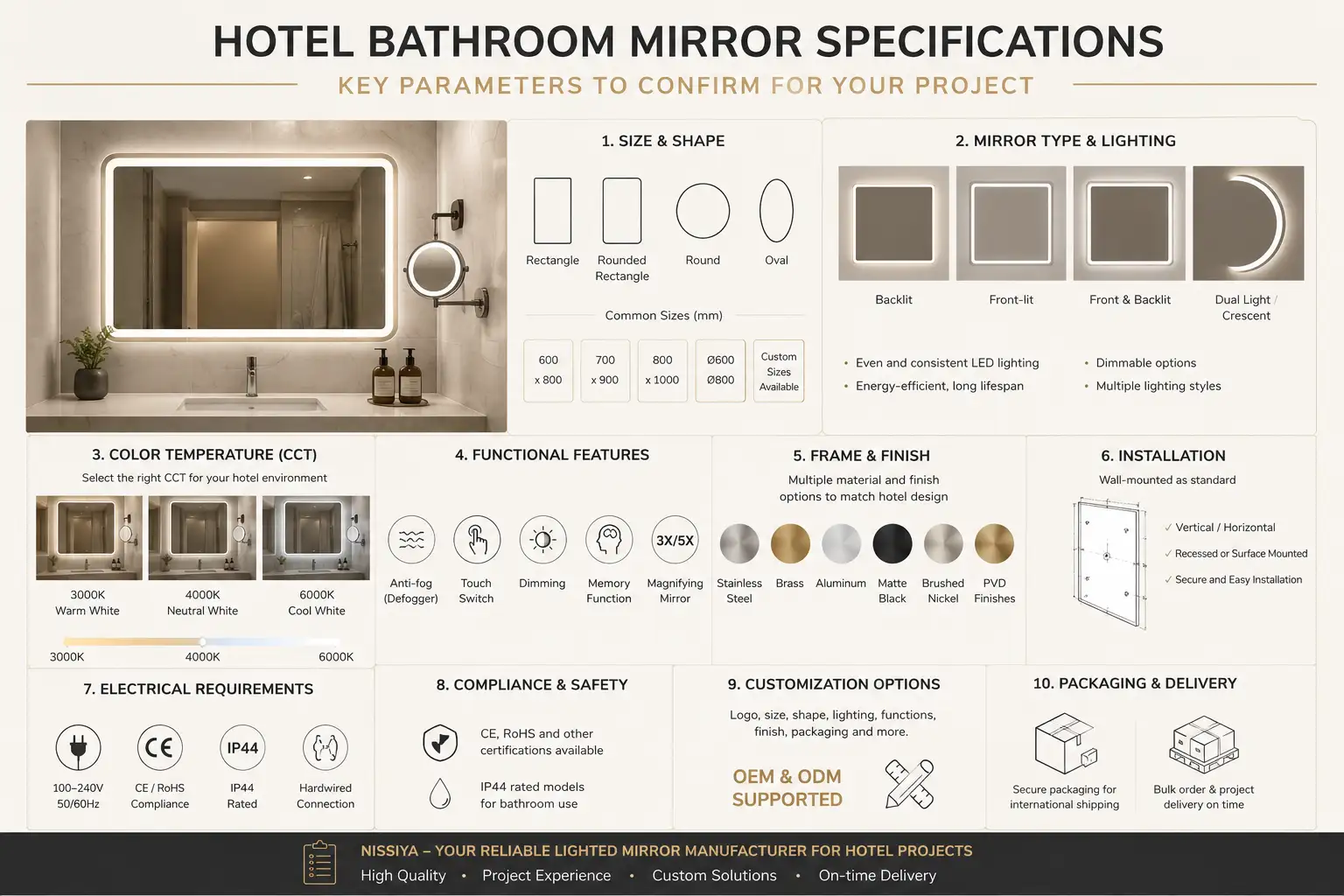 Hotel bathroom mirror specifications including size lighting CCT features installation and compliance