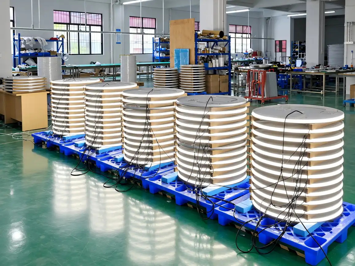 LED Bathroom Mirror Aging Test Production Line LED bathroom mirrors undergoing aging test on the production line in NISSIYA factory