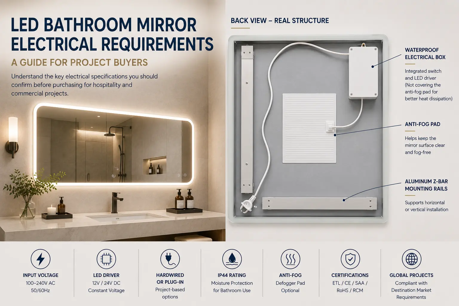 LED bathroom mirror electrical requirements including electrical box anti-fog pad and Z-bar mounting rails