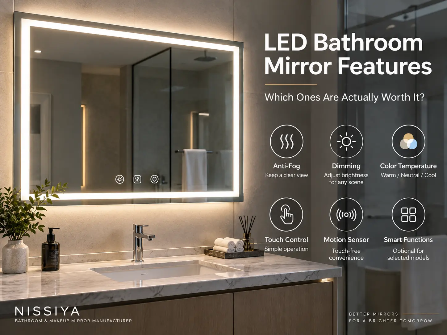 LED bathroom mirror features including anti-fog, dimming, color temperature, touch control and motion sensor