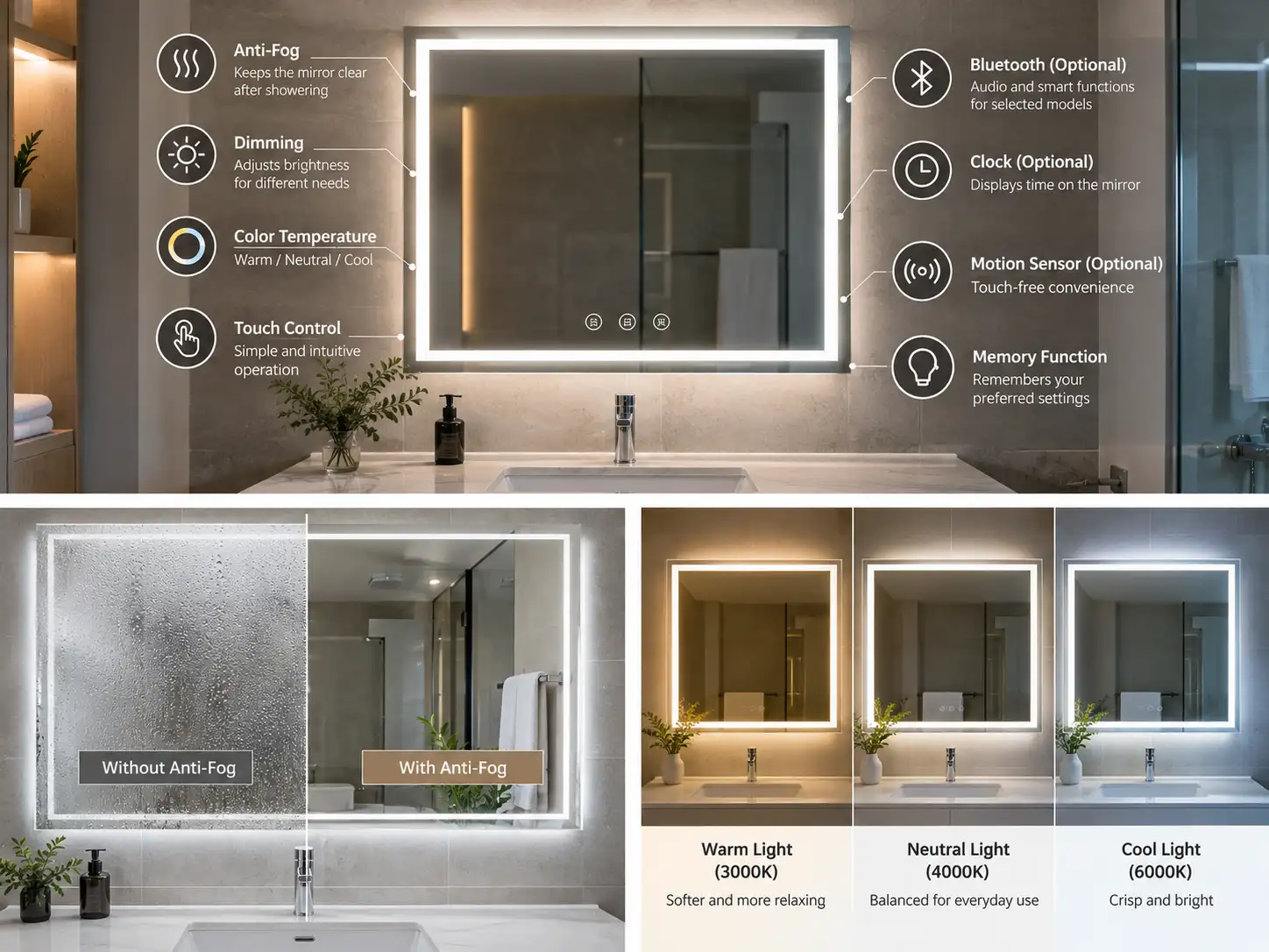 LED Bathroom Mirror Features Overview LED bathroom mirror features including anti-fog, dimming, color temperature, touch control and motion sensor