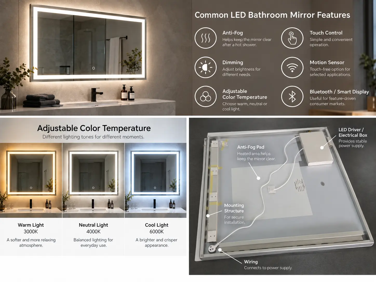 LED Bathroom Mirror Features and Rear Structure LED bathroom mirror features and rear structure showing anti-fog pad, electrical box, wiring and mounting system