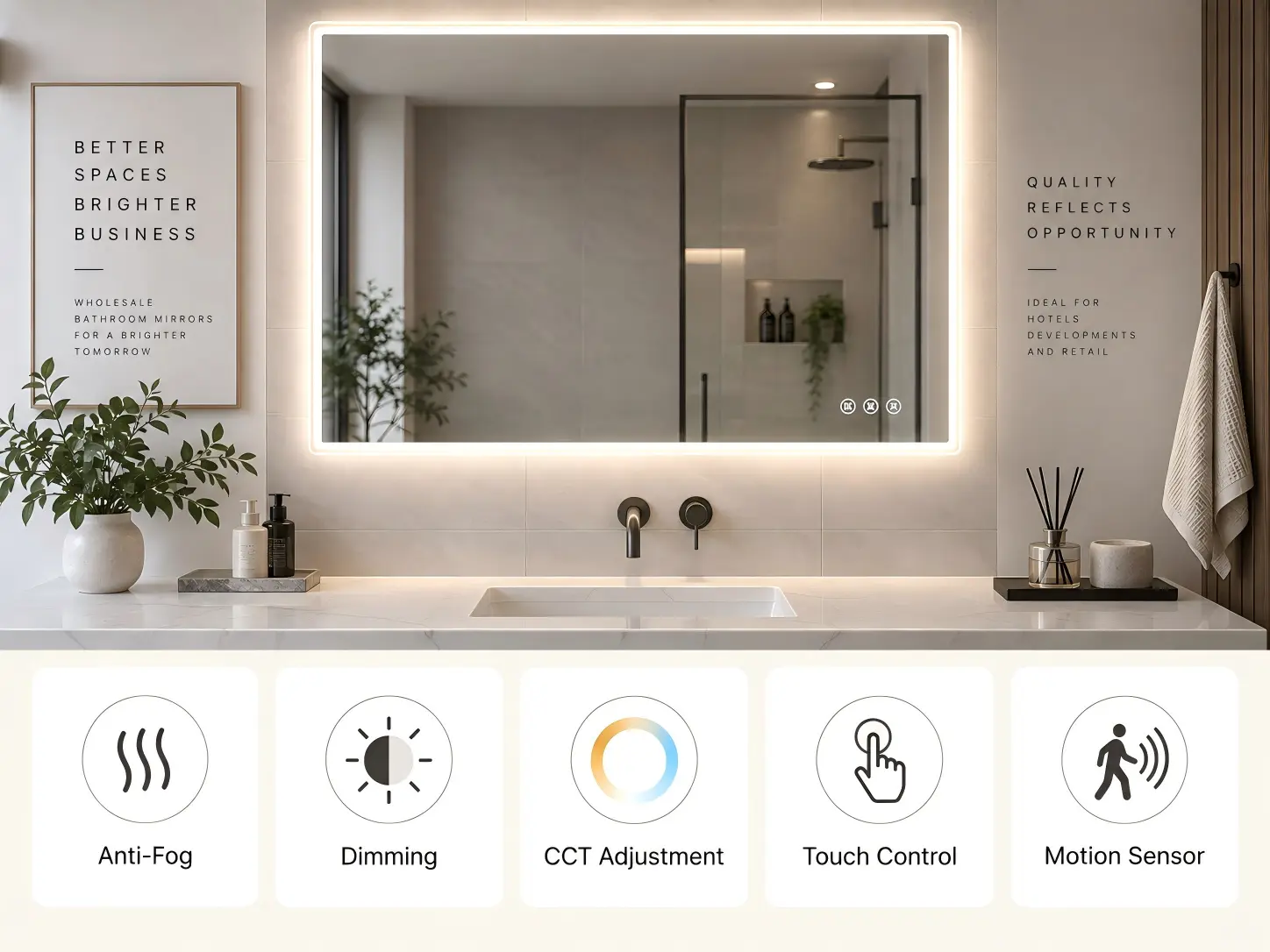 Key Functions for Wholesale Bathroom Mirror Buyers Key LED bathroom mirror functions for wholesale buyers including anti-fog, dimming, CCT, touch control and motion sensor
