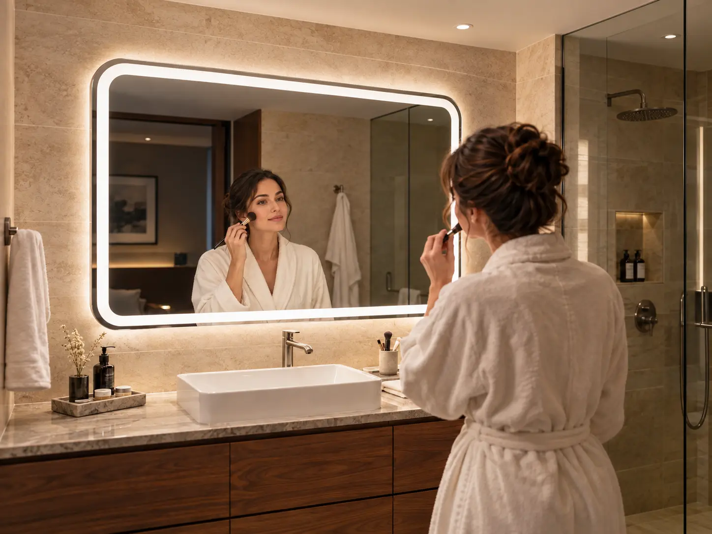 Woman applying makeup in front of a front-lit LED bathroom mirror in a hotel bathroom