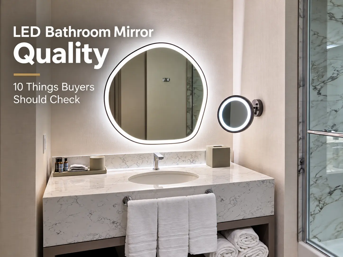 LED bathroom mirror quality guide showing a modern illuminated bathroom mirror and wall-mounted makeup mirror