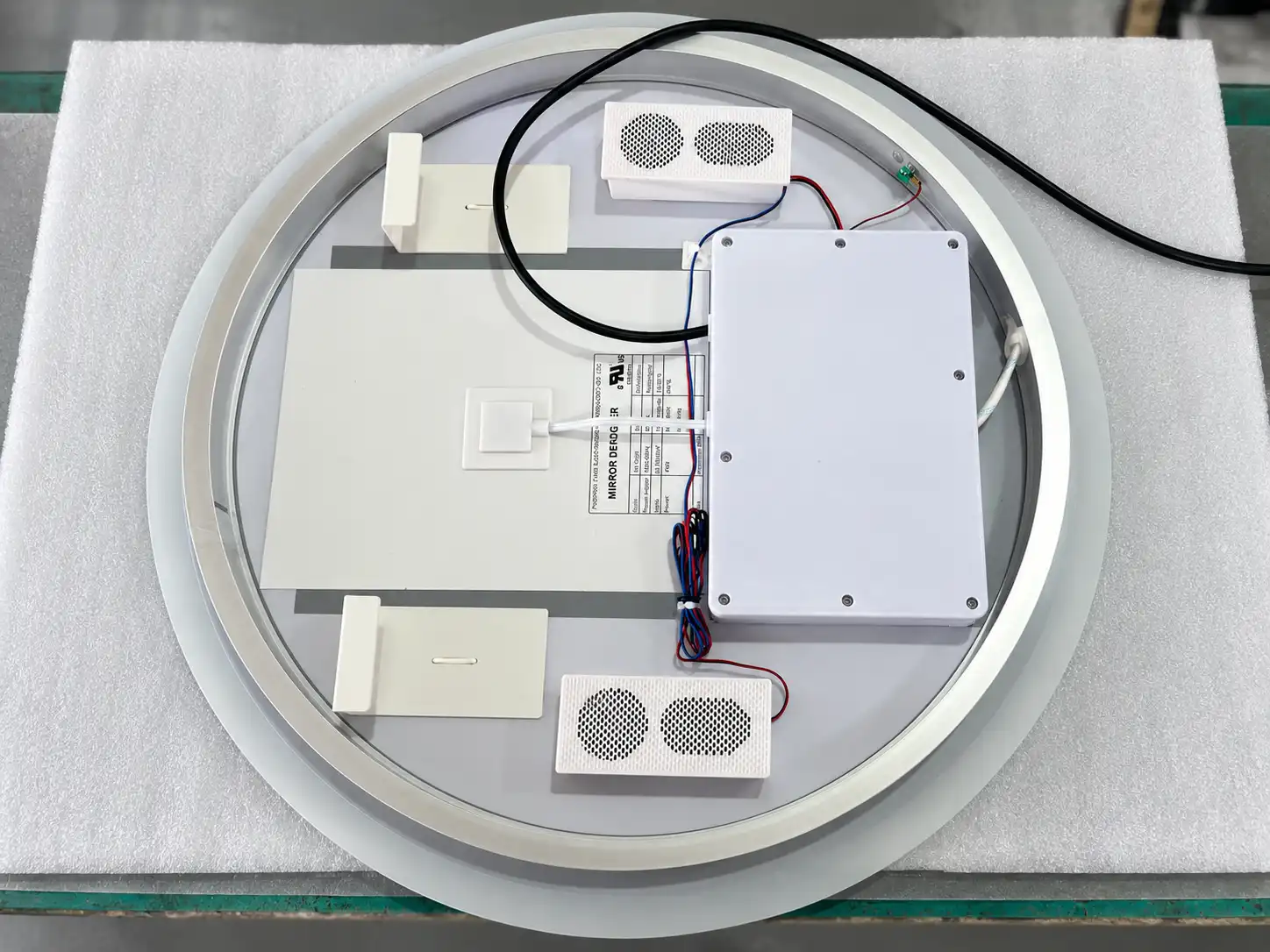 LED Bathroom Mirror Rear Structure Quality LED bathroom mirror rear structure showing electrical components, wiring, mounting brackets and internal assembly