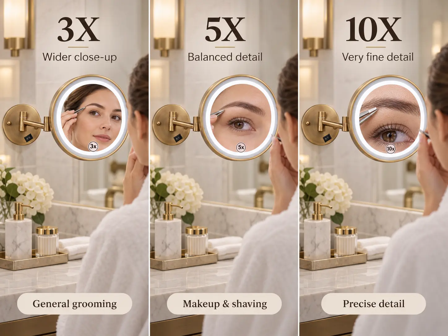 3X 5X and 10X makeup mirror magnification comparison for grooming and makeup