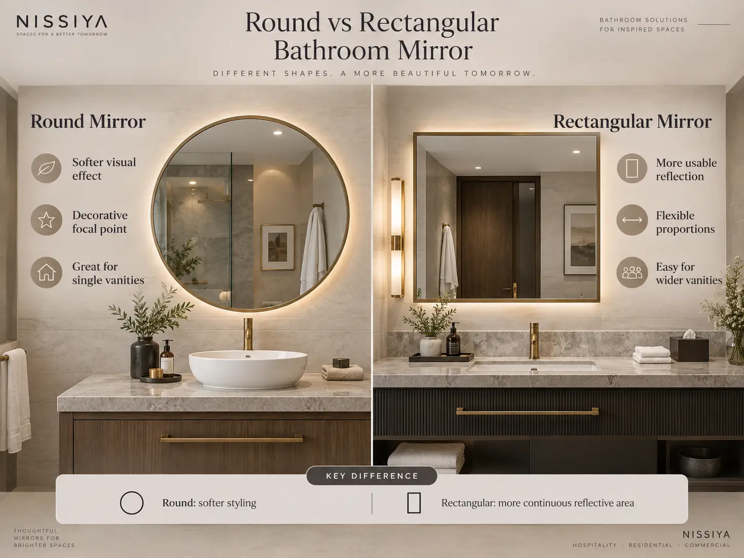 Round vs Rectangular Bathroom Mirror Comparison Round vs rectangular bathroom mirror comparison showing shape, usable reflection and vanity suitability