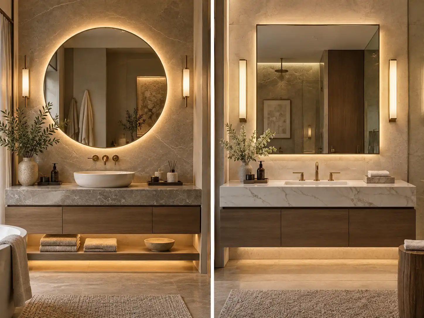 Round vs rectangular bathroom mirror comparison in a modern hotel bathroom