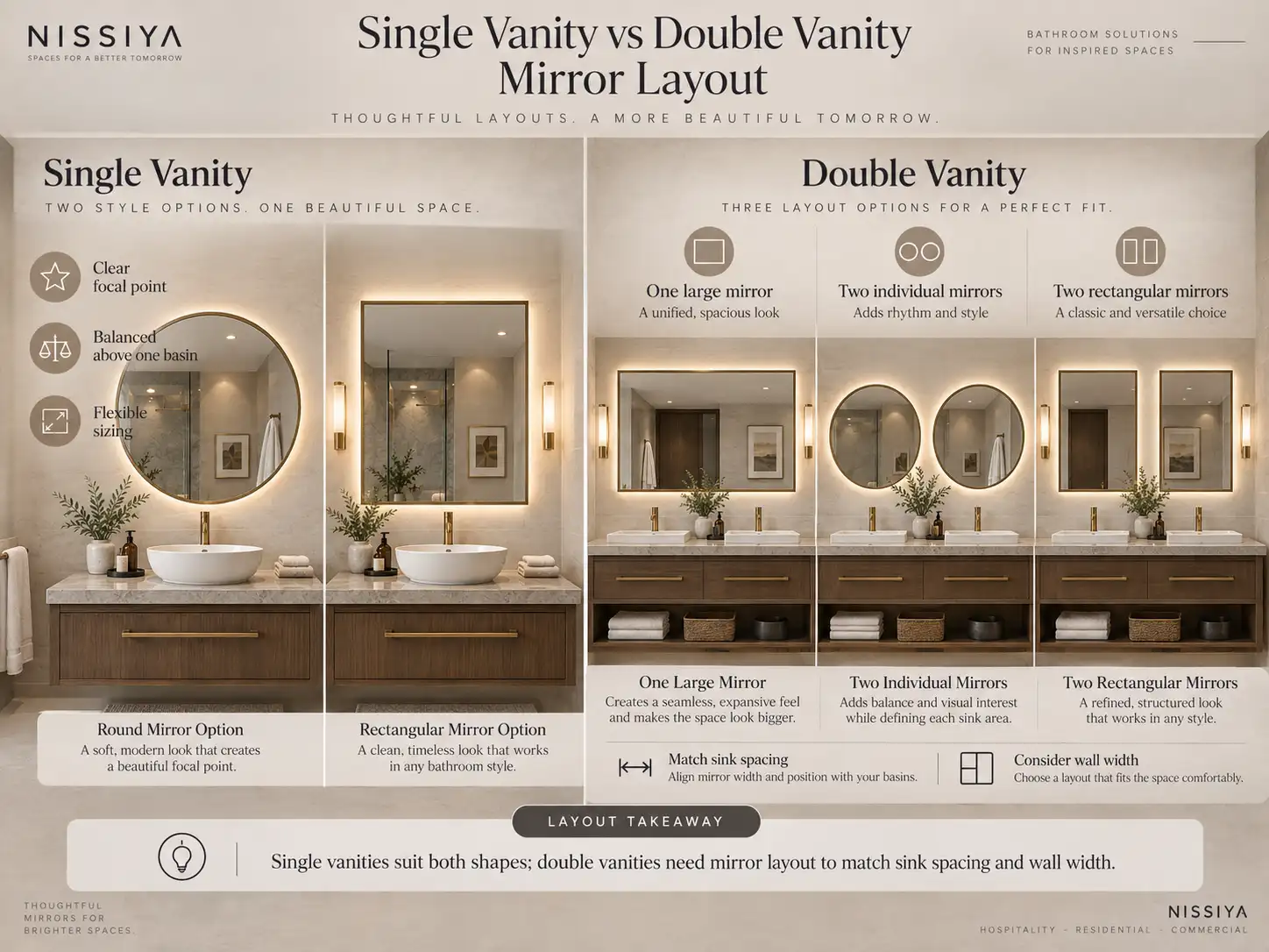 Single Vanity vs Double Vanity Mirror Layout Single vanity and double vanity bathroom mirror layout options with round and rectangular mirrors