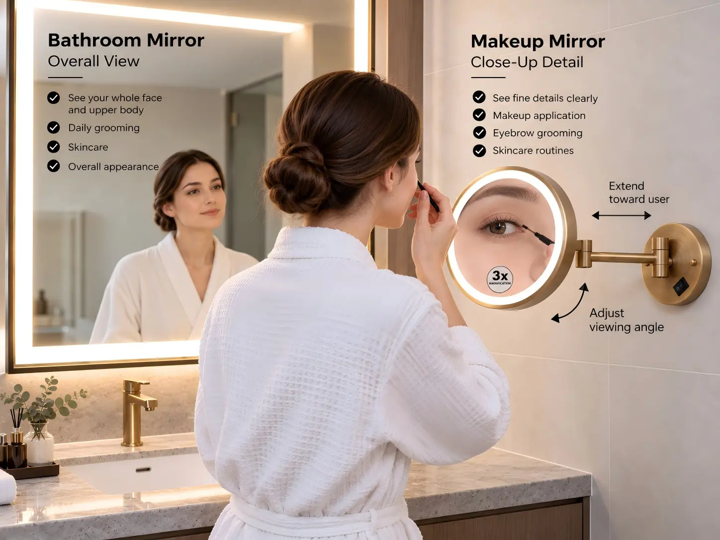 Wall mounted makeup mirror beside a bathroom mirror showing extension and adjustable viewing angle