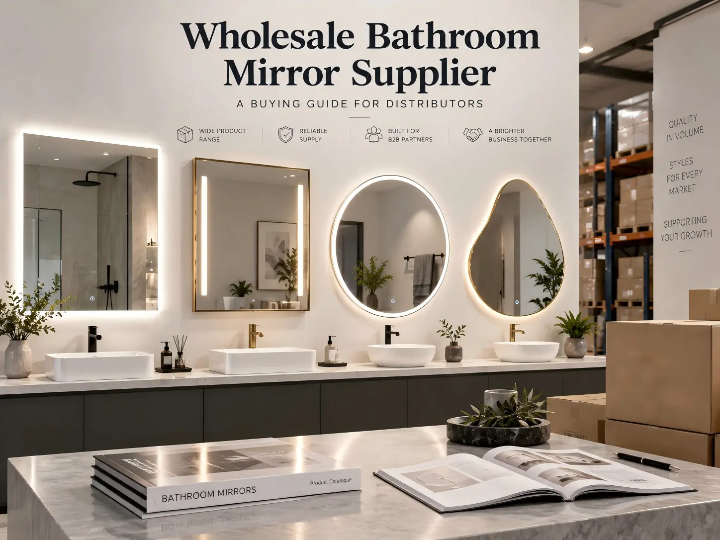 Wholesale bathroom mirror supplier showroom with multiple LED bathroom mirrors for distributors and bulk buyers