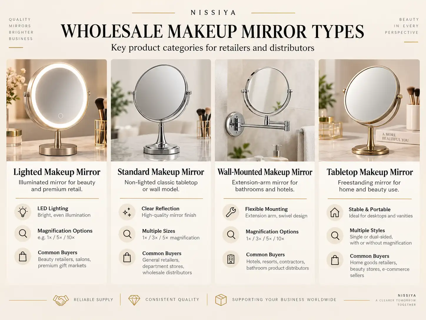 Wholesale Makeup Mirror Types Guide Wholesale makeup mirror types including lighted, standard, wall-mounted and tabletop models