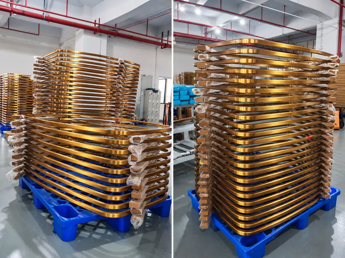 Gold stainless steel mirror frame color consistency inspection for El Tropicano Hotel project