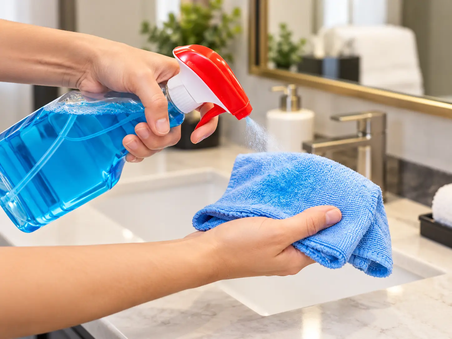 Hotel mirror cleaner sprayed onto a microfiber cloth before cleaning