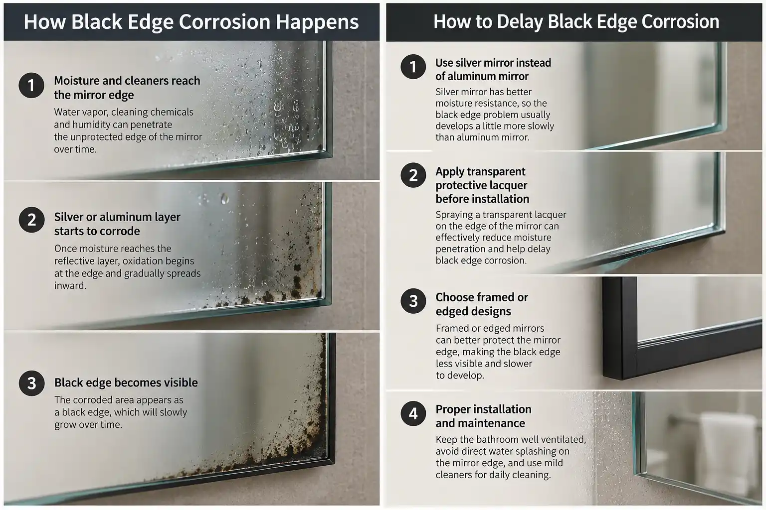 How mirror black edge corrosion develops and how to delay it
