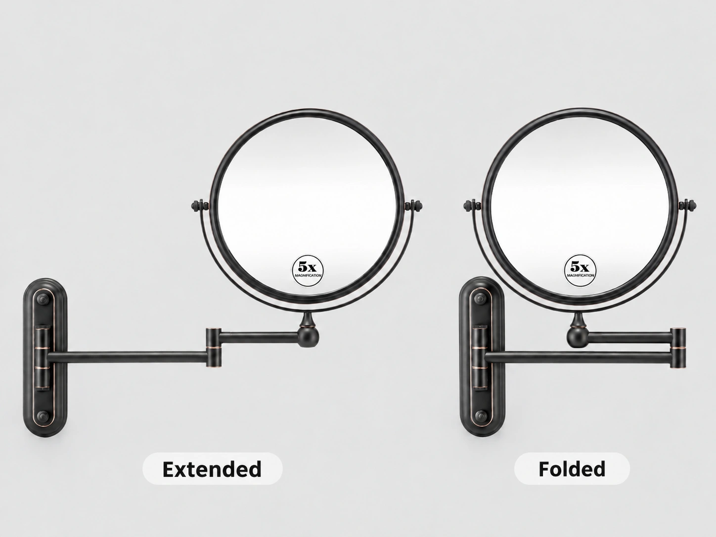 Wall mounted makeup mirror with extendable arm in folded and extended positions