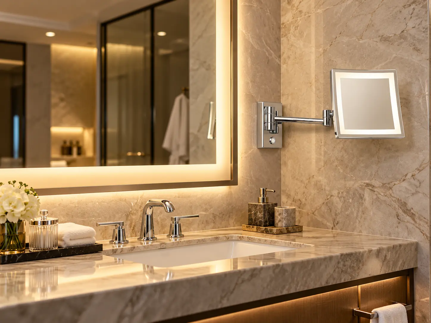 Wall mounted makeup mirror installed beside a hotel bathroom vanity mirror